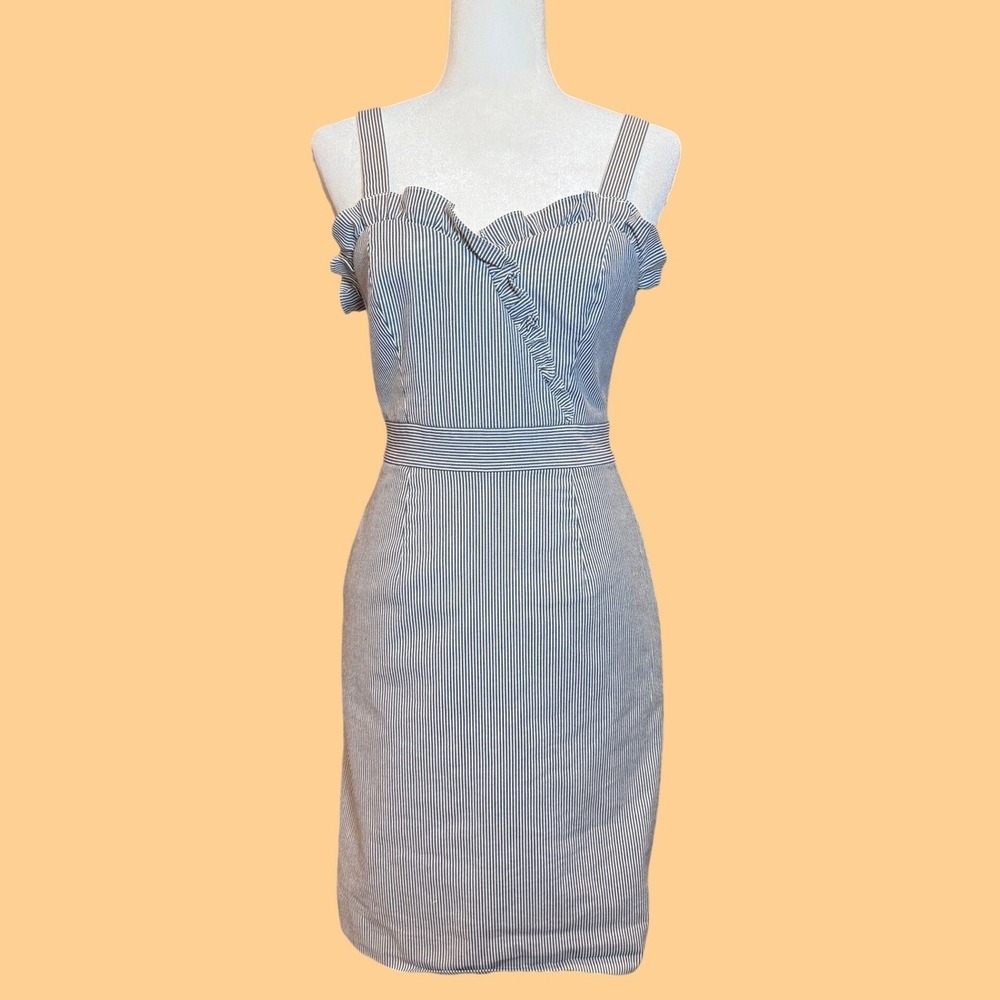 CREMIEUX Ruffle Trim Striped Sheath Dress 2 Blue White Seersucker Style